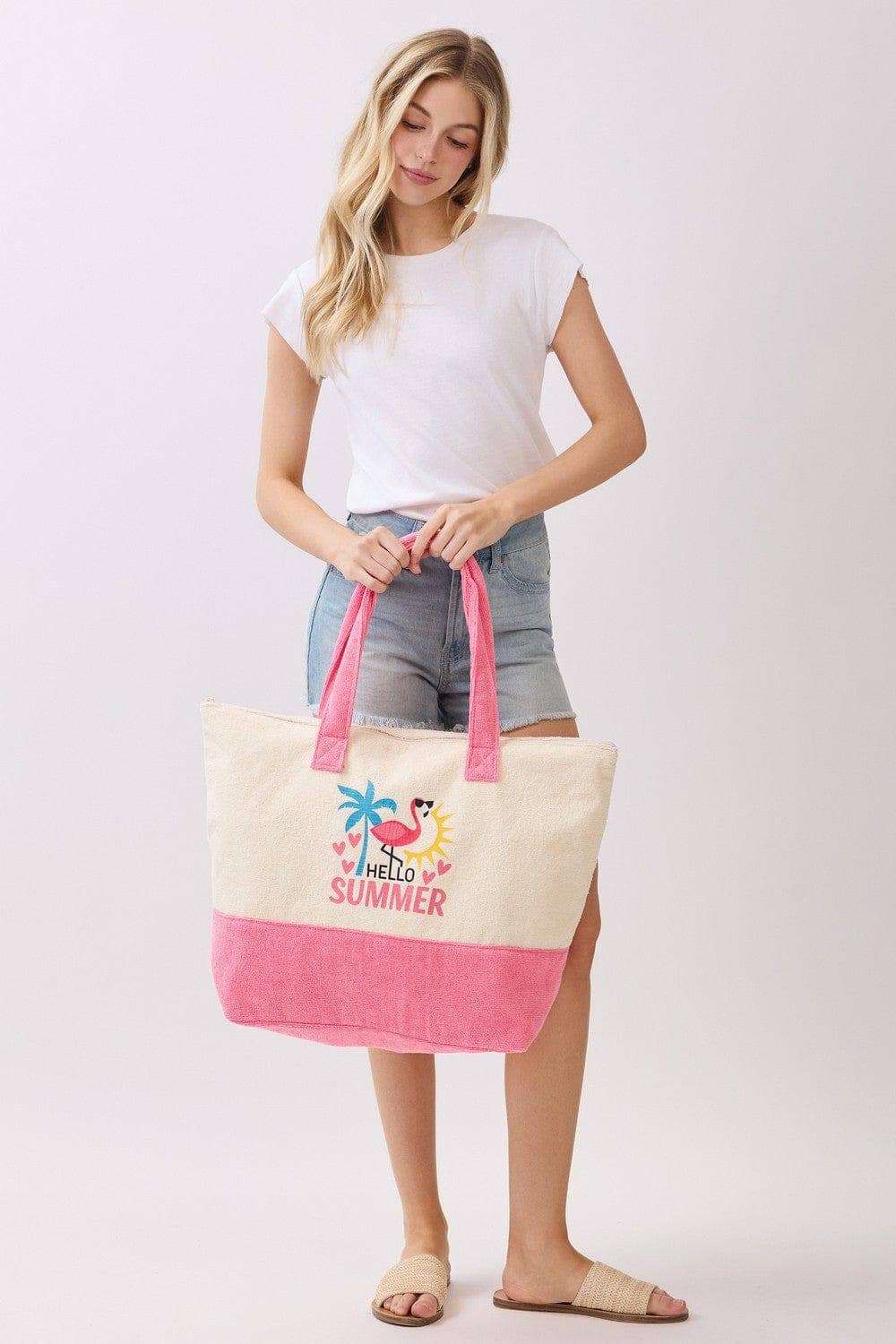 MB0344 Hello Summer Flamingo Terry Beach Tote Bag - The Country Rabbit Gifts & Décor