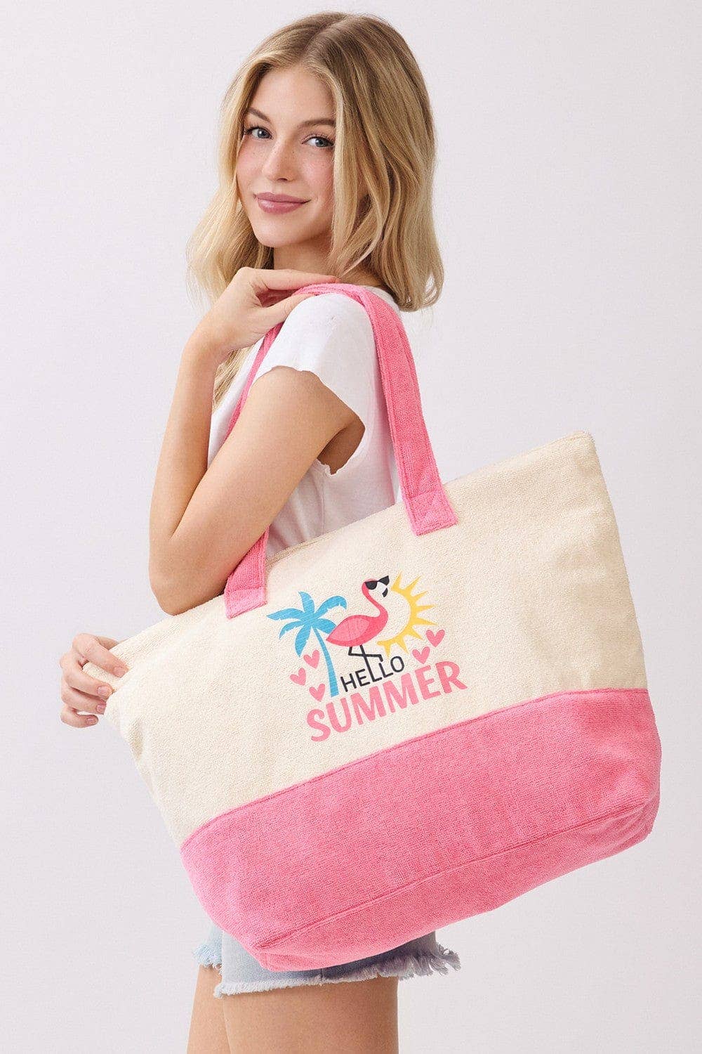 MB0344 Hello Summer Flamingo Terry Beach Tote Bag - The Country Rabbit Gifts & Décor