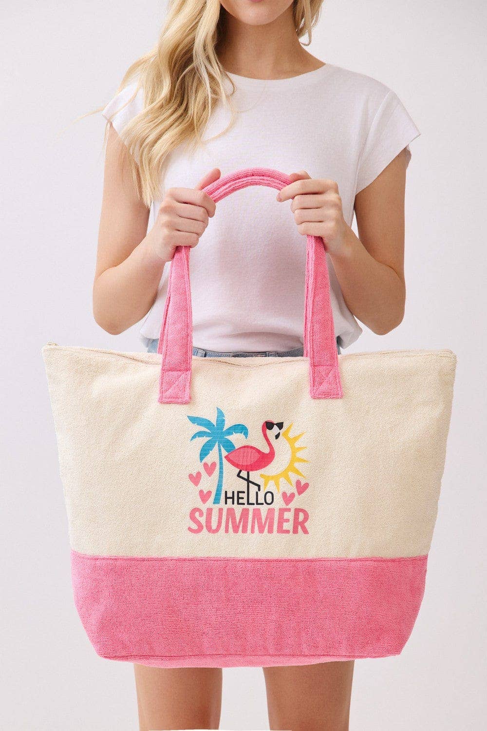 MB0344 Hello Summer Flamingo Terry Beach Tote Bag - The Country Rabbit Gifts & Décor
