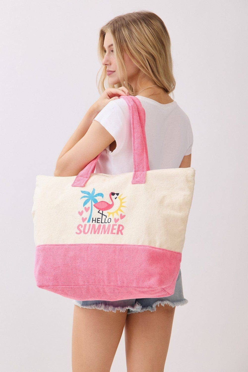 MB0344 Hello Summer Flamingo Terry Beach Tote Bag - The Country Rabbit Gifts & Décor