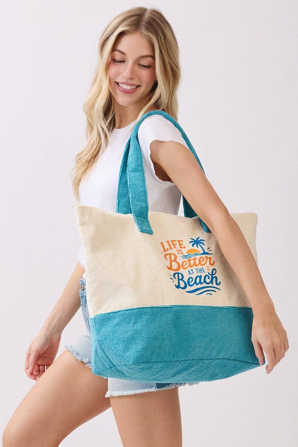 MB0346 Palm Tree Life Is Better At The Beach Terry Tote Bag - The Country Rabbit Gifts & Décor