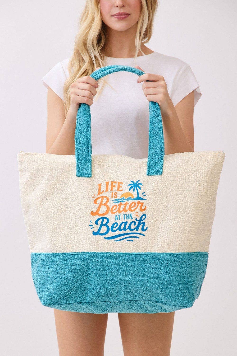 MB0346 Palm Tree Life Is Better At The Beach Terry Tote Bag - The Country Rabbit Gifts & Décor