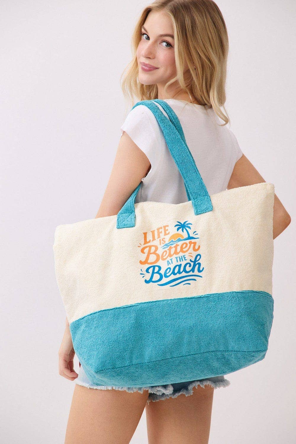 MB0346 Palm Tree Life Is Better At The Beach Terry Tote Bag - The Country Rabbit Gifts & Décor