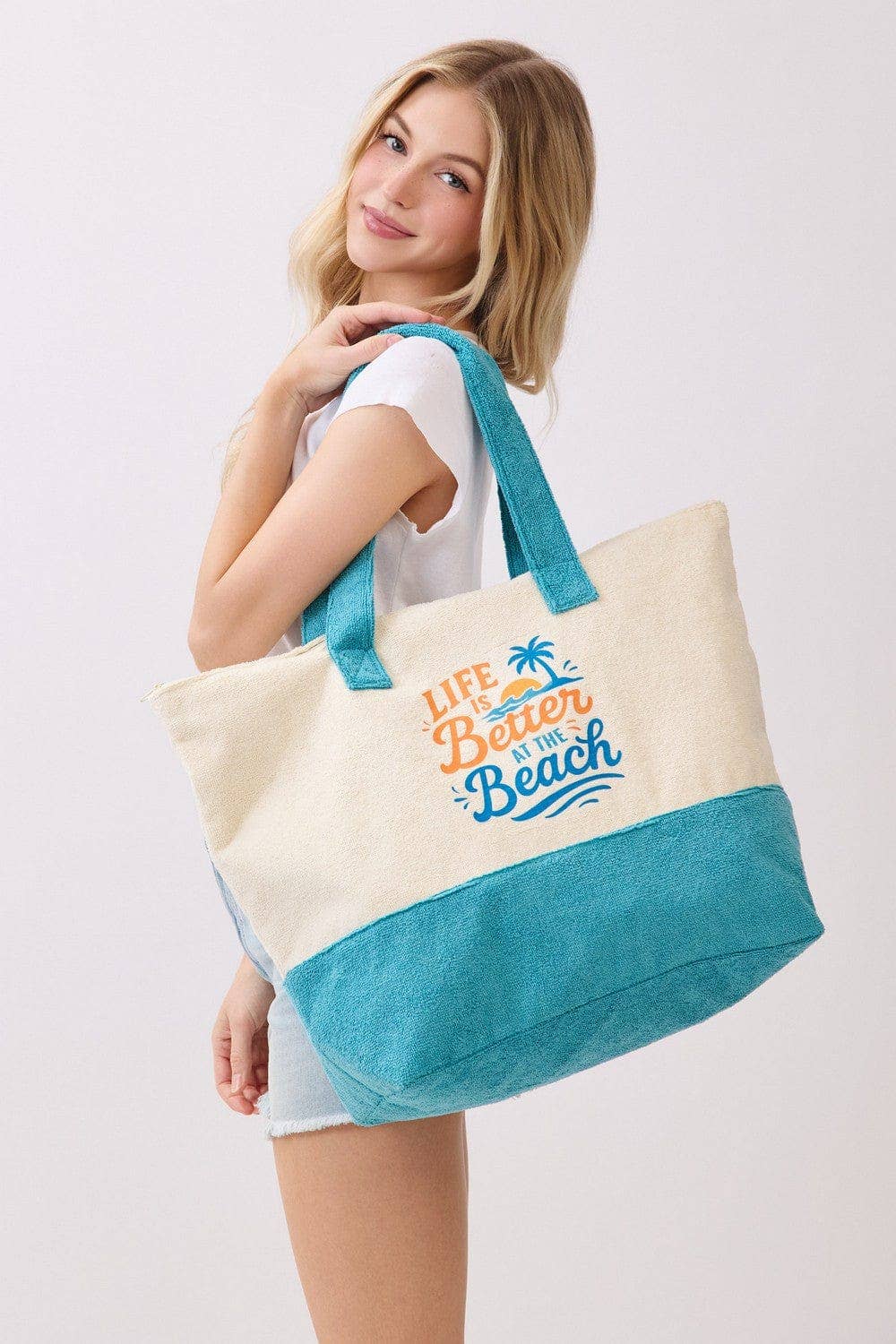 MB0346 Palm Tree Life Is Better At The Beach Terry Tote Bag - The Country Rabbit Gifts & Décor