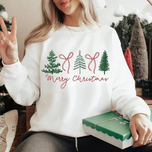 Merry Christmas Trees & Bows Sweatshirt - The Country Rabbit Gifts & Décor