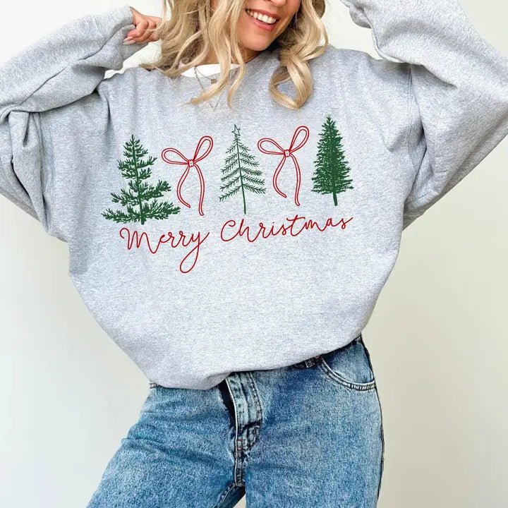 Merry Christmas Trees & Bows Sweatshirt - The Country Rabbit Gifts & Décor