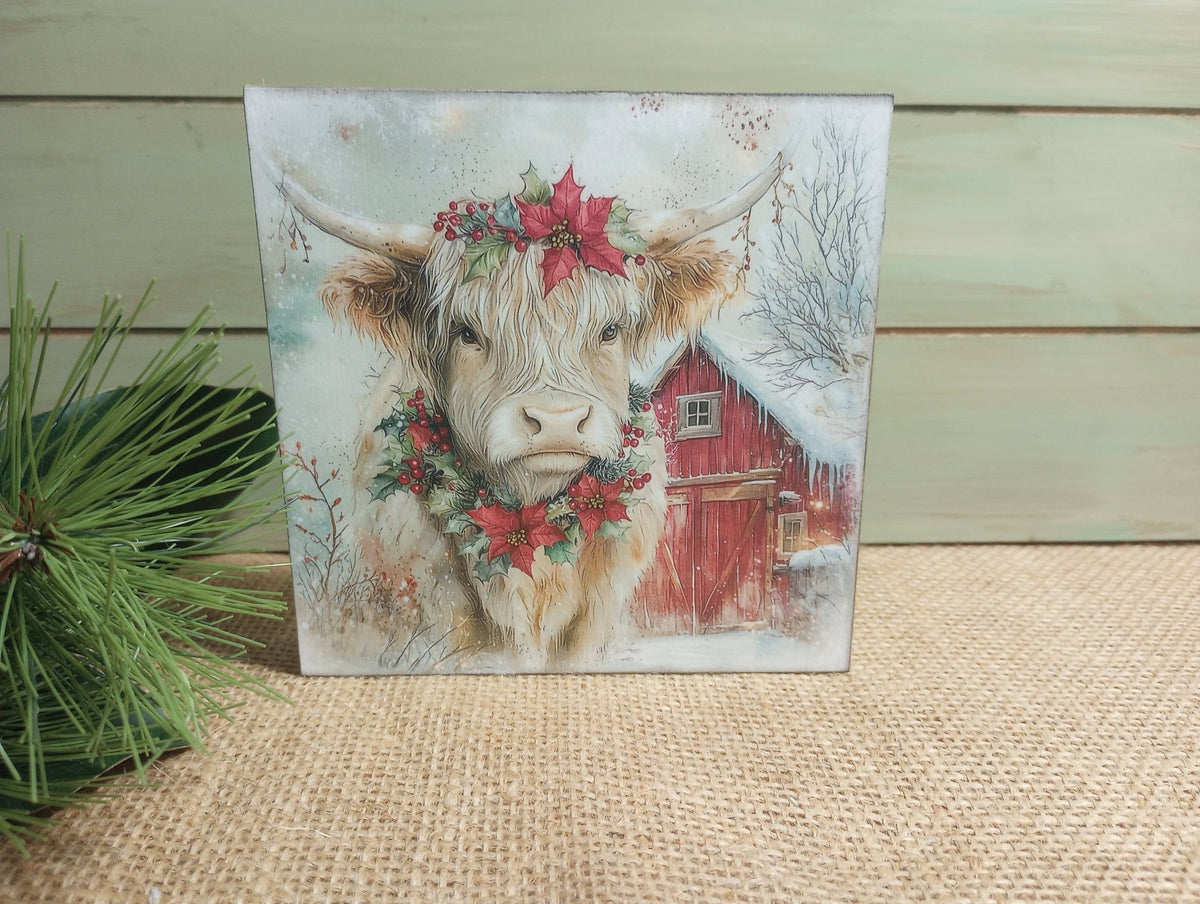 Red Cow Block Olde Red Barn - Highland Cow Wood Block Sign - Allie – The Country ...