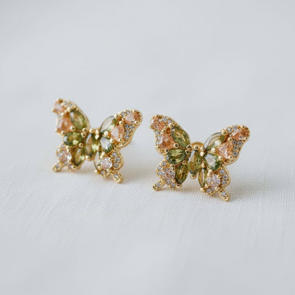 Olive Green Cubic Zirconia Butterfly Earrings - The Country Rabbit Gifts & Décor