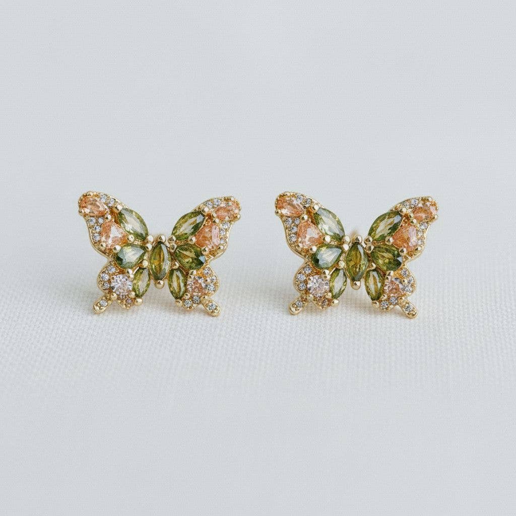 Olive Green Cubic Zirconia Butterfly Earrings - The Country Rabbit Gifts & Décor