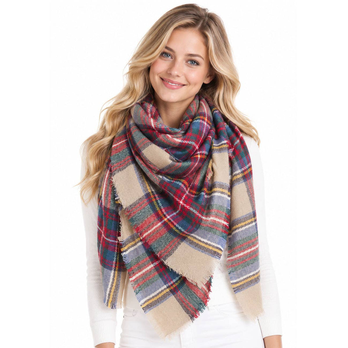 Oversize Plaid Winter Wrap Scarf in Beige Red and Green - The Country Rabbit Gifts & Décor