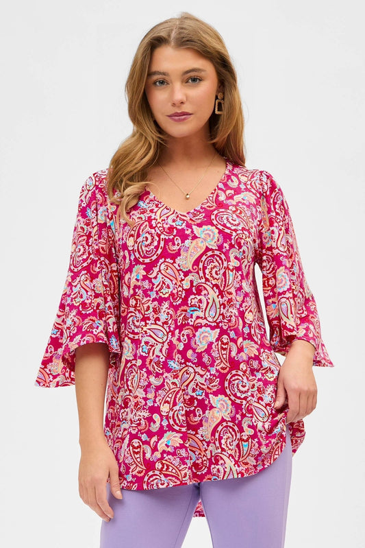Paisley Print Half Bell Sleeves V Neck Top in Fuchsia - The Country Rabbit Gifts & Décor