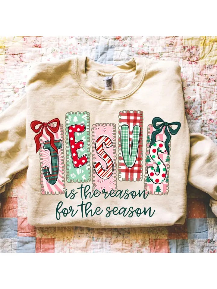 Patchwork Jesus is the Reason Christmas Sweatshirt - The Country Rabbit Gifts & Décor