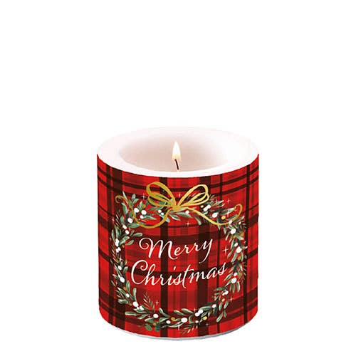 Pillar Candle Small Christmas Red Plaid Design - The Country Rabbit Gifts & Décor