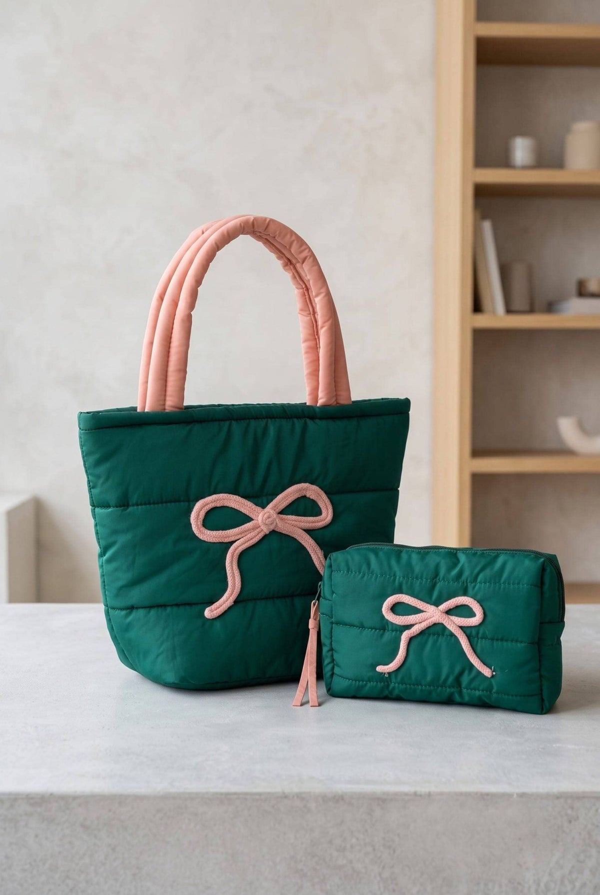 Pink Bow Quilted Puffer Pouch - The Country Rabbit Gifts & Décor
