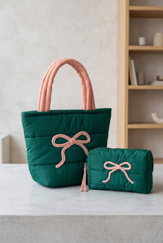 Pink Bow Quilted Puffer Pouch - The Country Rabbit Gifts & Décor