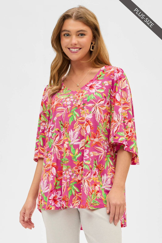 PLUS SIZE Floral Half Bell Sleeves V Neck Top in Rose Pink - The Country Rabbit Gifts & Décor