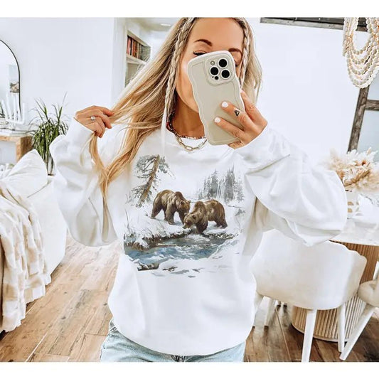 Retro Grizzly Bears Wilderness Scene Winter Sweatshirt - The Country Rabbit Gifts & Décor
