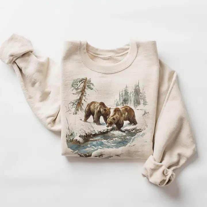 Retro Grizzly Bears Wilderness Scene Winter Sweatshirt - The Country Rabbit Gifts & Décor
