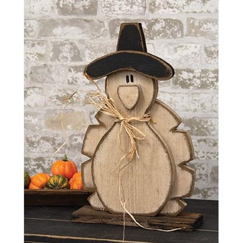 Rustic Wood Pilgrim Hat Turkey on Base 18.5"H - The Country Rabbit Gifts & Décor