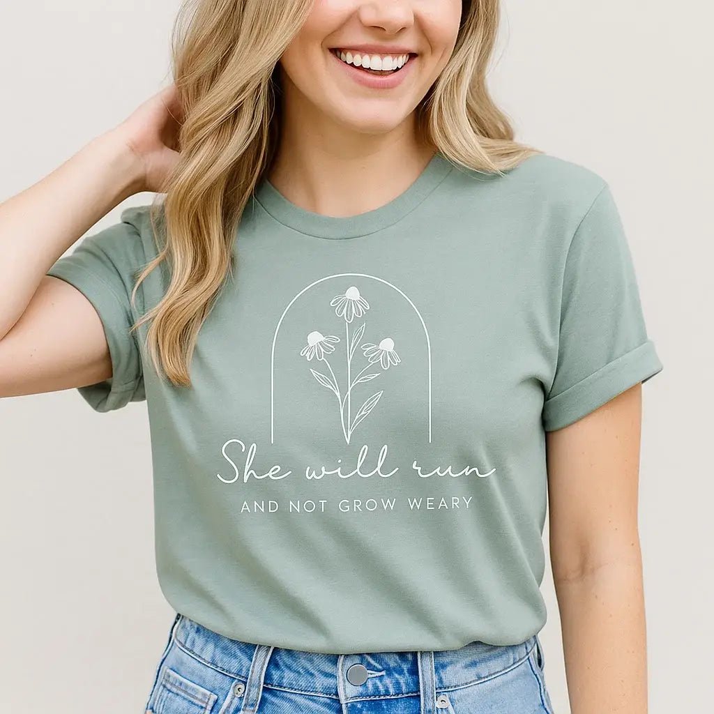 Sage Green Tee White Print Floral Design - The Country Rabbit Gifts & Décor