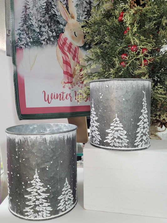 Set of 2 Round Winter Gray Galvanized Metal Buckets with White Tree Design - The Country Rabbit Gifts & Décor