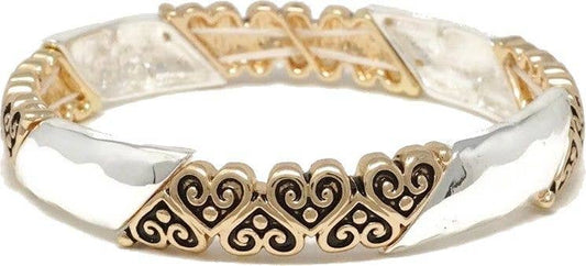 Silver With Gold Heart Accent Stretch Bracelet - The Country Rabbit Gifts & Décor