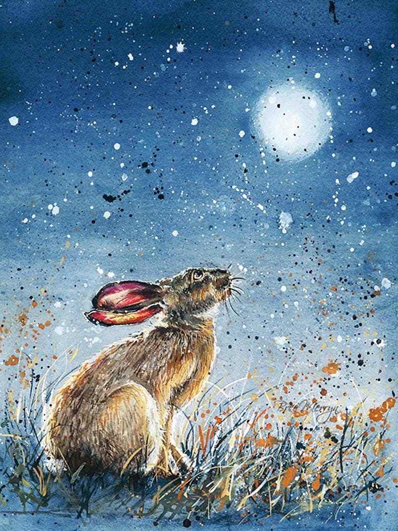 Small Canvas Wall Art Starry Night Sky with Rabbit in the Moonlight (6"x8") - The Country Rabbit Gifts & Décor