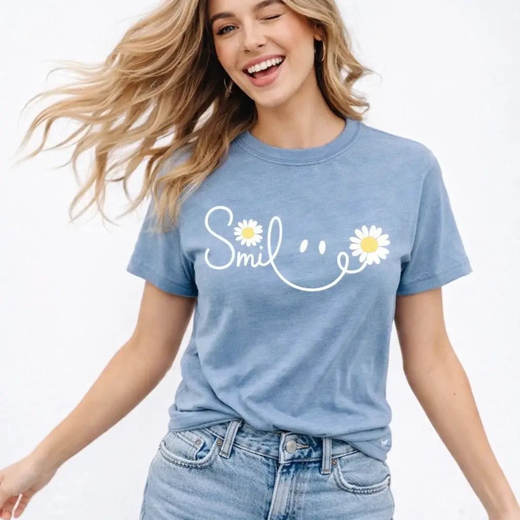 Smiley Daisy Face Tee, Floral Graphic, Cute T-Shirt - The Country Rabbit Gifts & Décor
