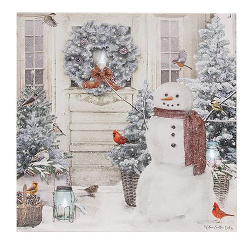 Snowman Porch Lighted Canvas 18x18 - The Country Rabbit Gifts & Décor