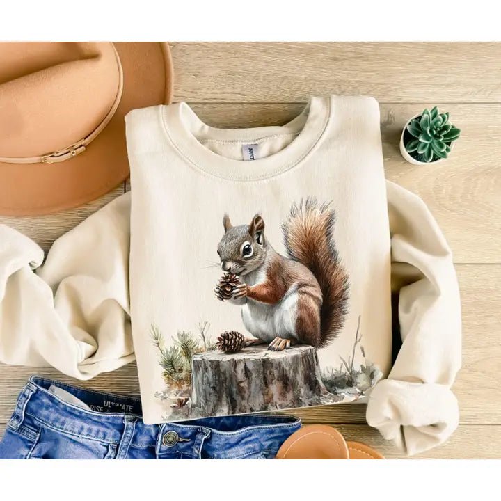 Squirrel on Tree Stump Sweatshirt - The Country Rabbit Gifts & Décor