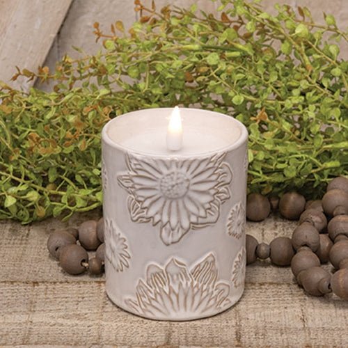 Sunny Days White Ceramic Embossed LED Timer Candle - The Country Rabbit Gifts & Décor