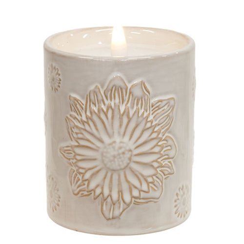 Sunny Days White Ceramic Embossed LED Timer Candle - The Country Rabbit Gifts & Décor