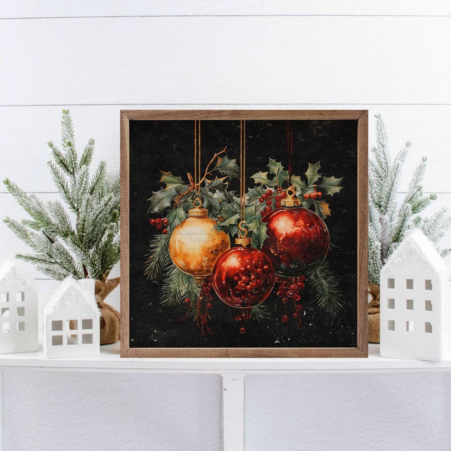 Three Ornaments With Holly 4x4 inch Framed Wooden Holiday Accent - The Country Rabbit Gifts & Décor