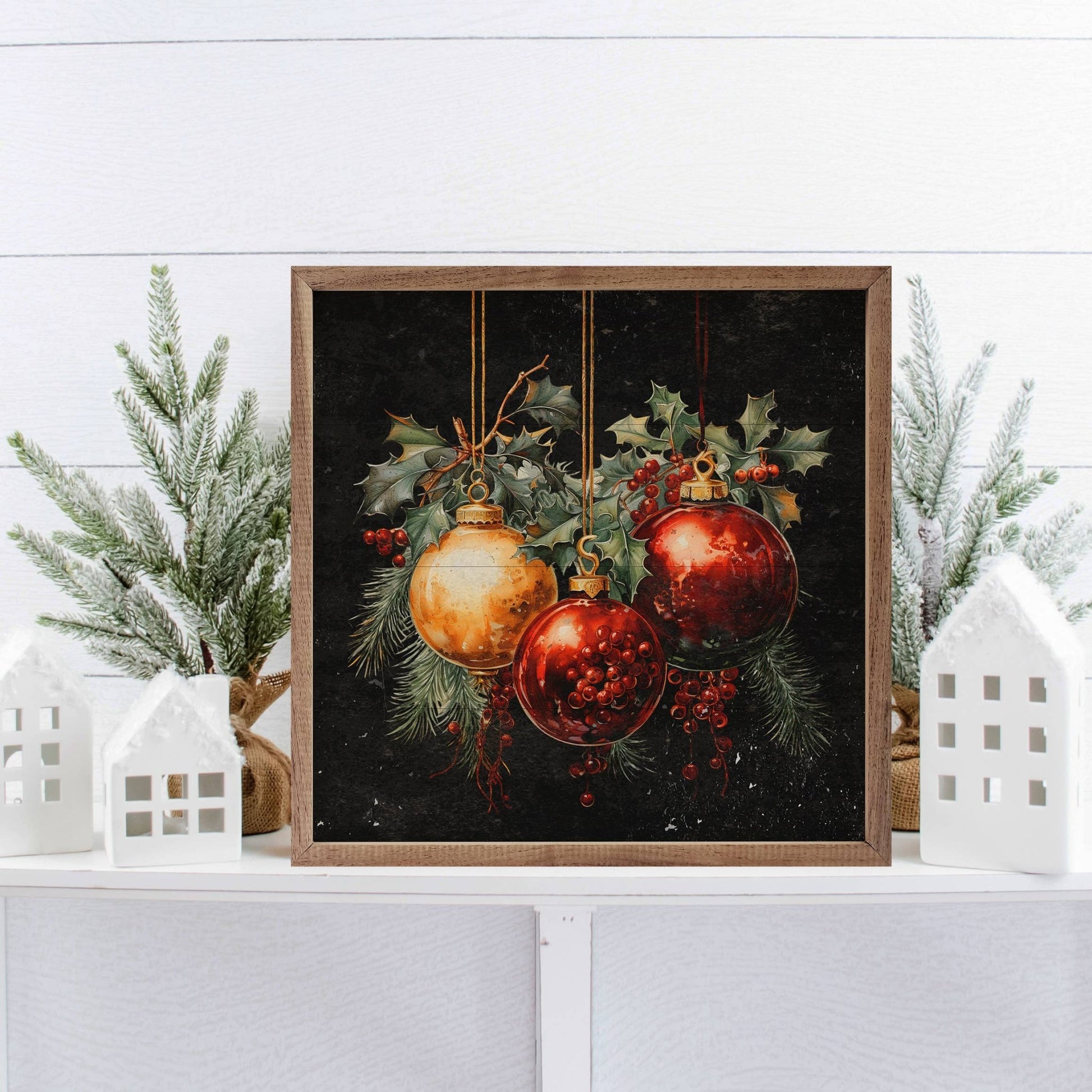 Three Ornaments With Holly 4x4 inch Framed Wooden Holiday Accent - The Country Rabbit Gifts & Décor