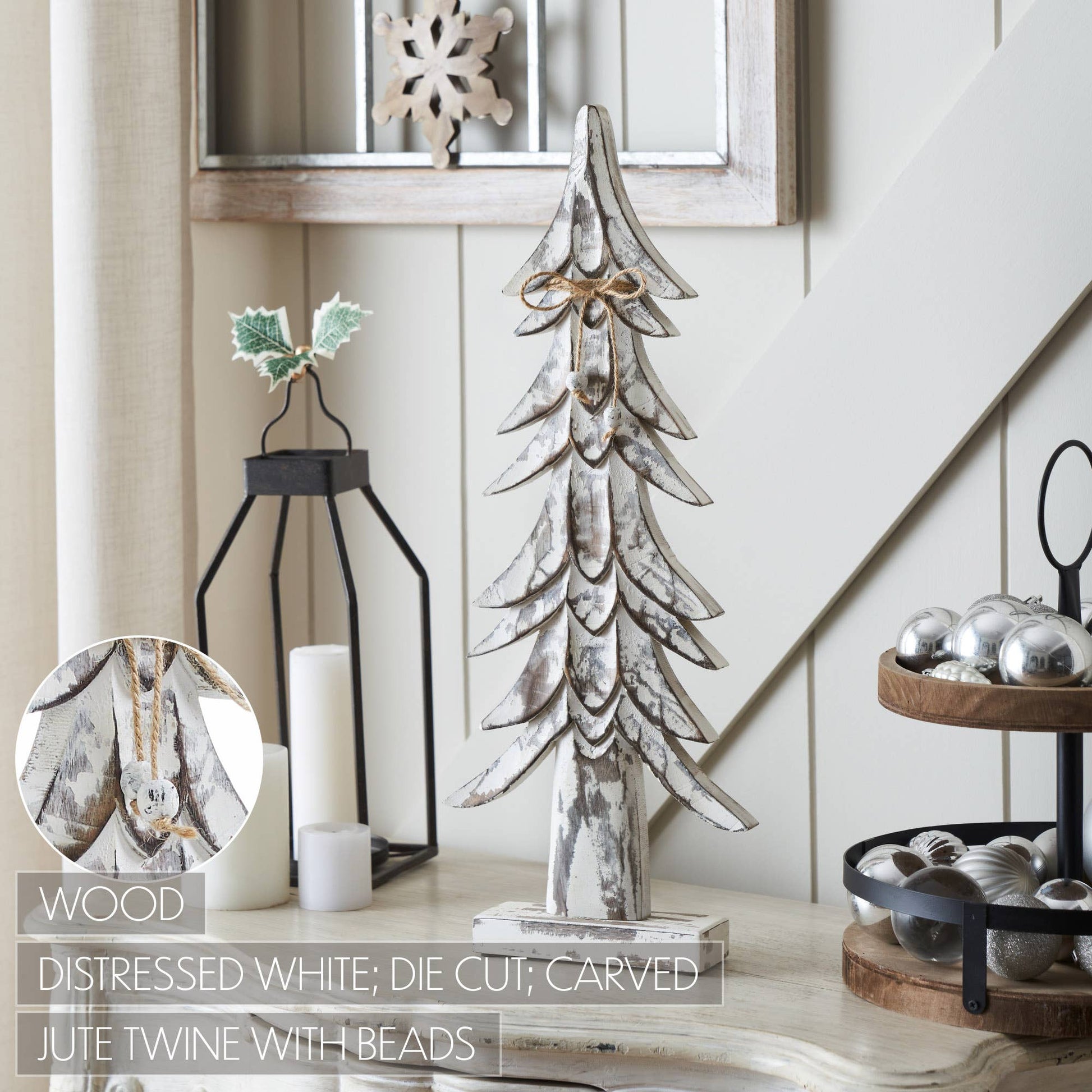 Timber Tidings Distressed White Wooden Tree 21x8.5x2 - The Country Rabbit Gifts & Décor