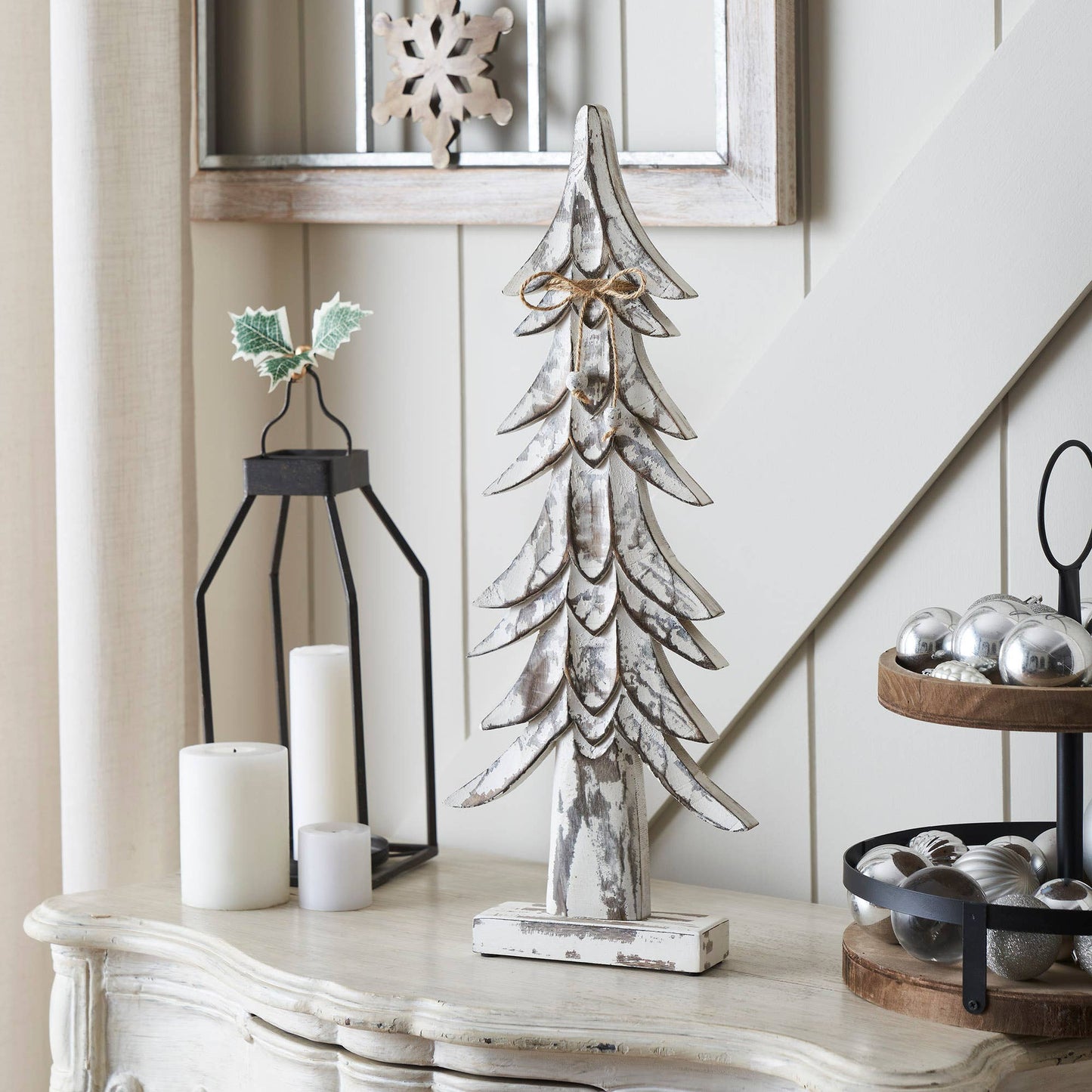 Timber Tidings Distressed White Wooden Tree 21x8.5x2 - The Country Rabbit Gifts & Décor