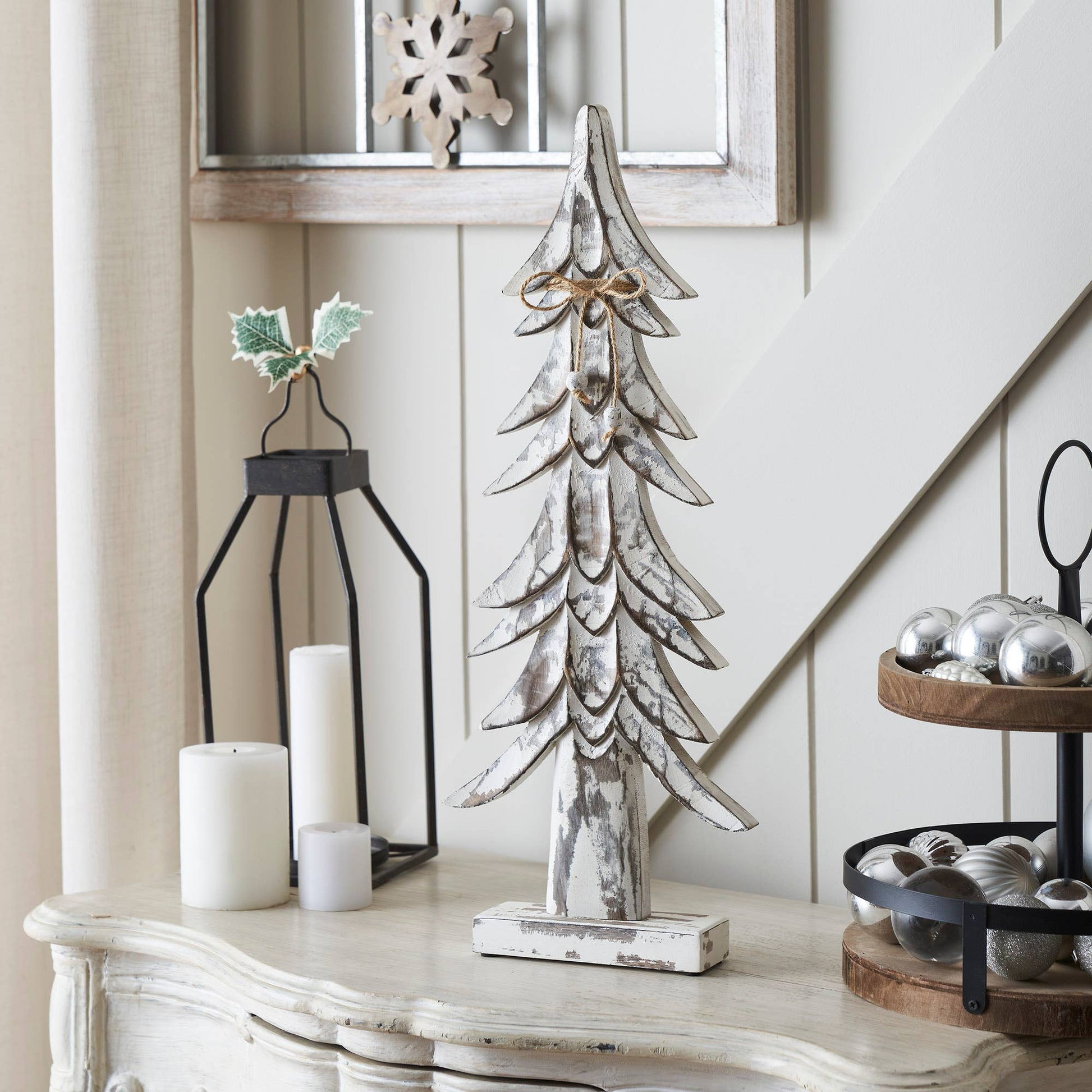 Timber Tidings Distressed White Wooden Tree 21x8.5x2 - The Country Rabbit Gifts & Décor