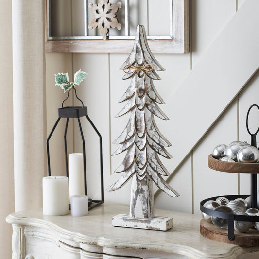 Timber Tidings Distressed White Wooden Tree 21x8.5x2 - The Country Rabbit Gifts & Décor