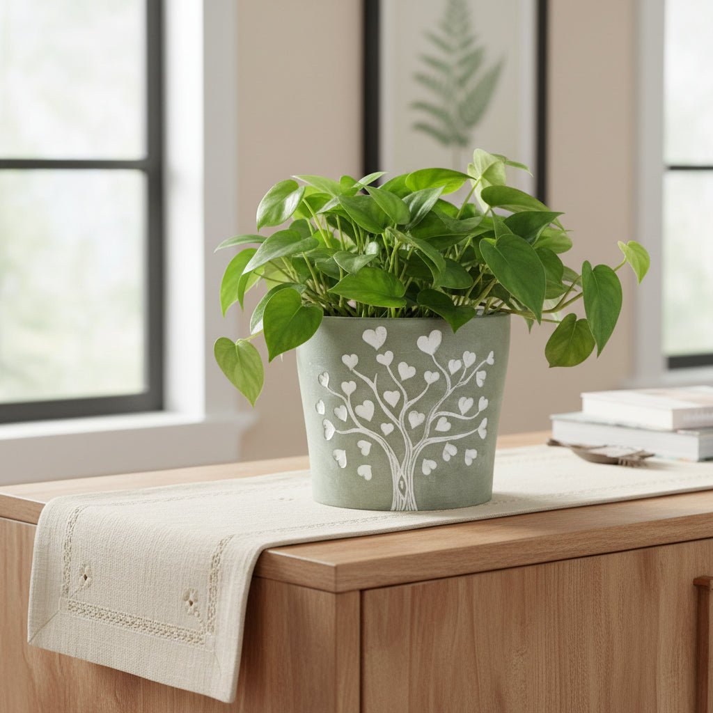Tree of Life Planter - Engraved White Hearts Design - The Country Rabbit Gifts & Décor