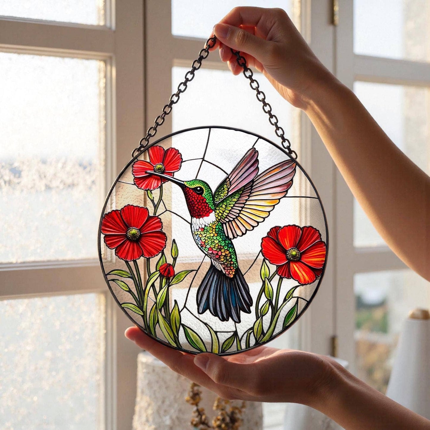 Vibrant Hummingbird and Poppy Stained Glass Suncatcher Window Hang - The Country Rabbit Gifts & Décor