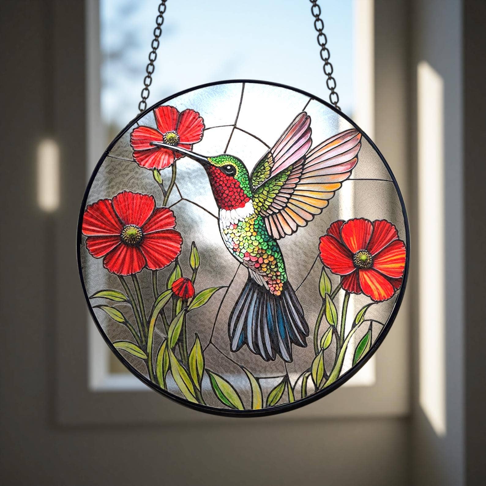 Vibrant Hummingbird and Poppy Stained Glass Suncatcher Window Hang - The Country Rabbit Gifts & Décor
