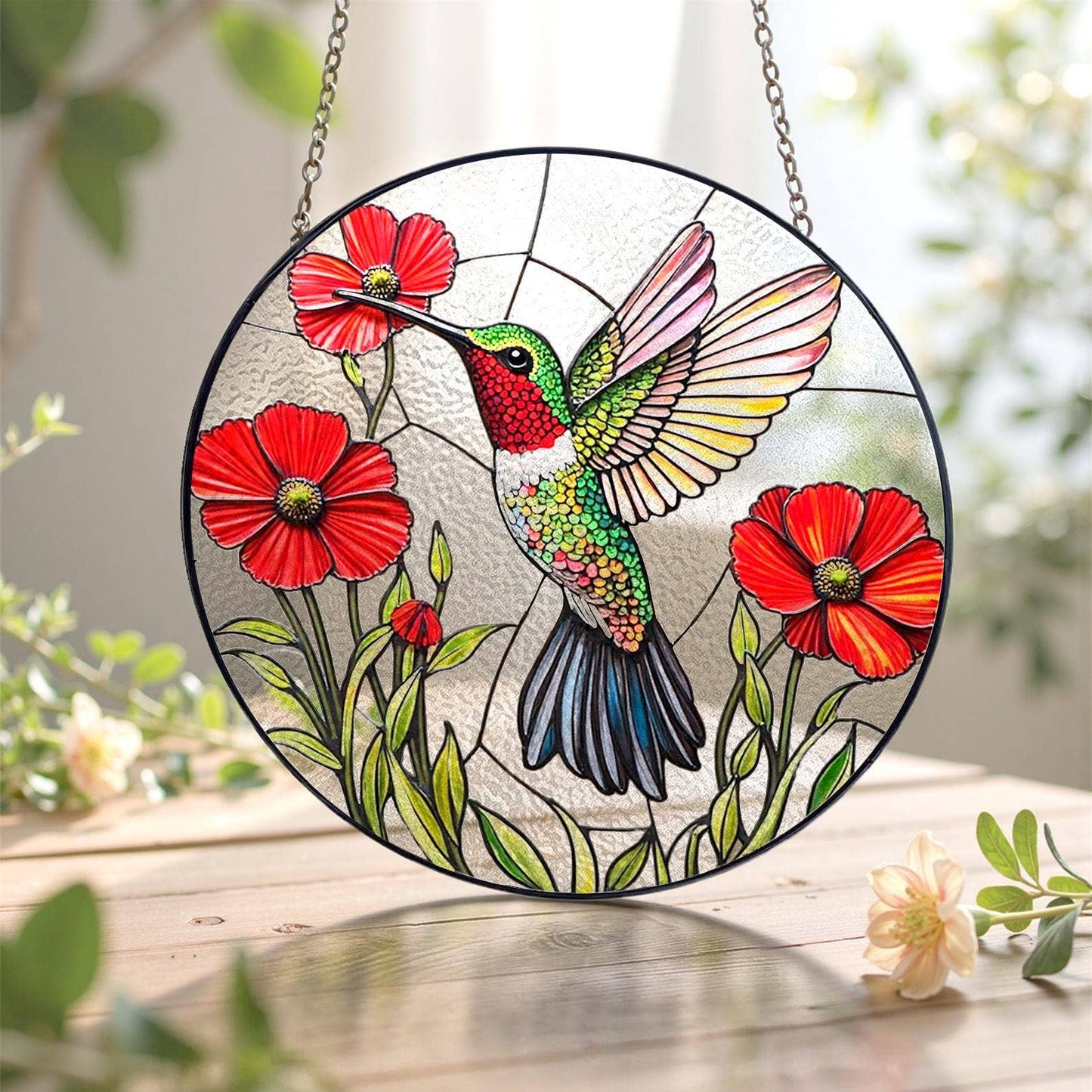 Vibrant Hummingbird and Poppy Stained Glass Suncatcher Window Hang - The Country Rabbit Gifts & Décor