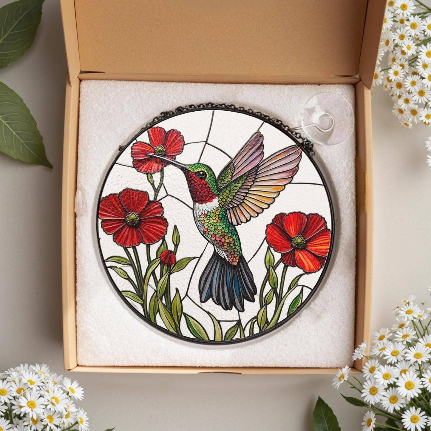 Vibrant Hummingbird and Poppy Stained Glass Suncatcher Window Hang - The Country Rabbit Gifts & Décor