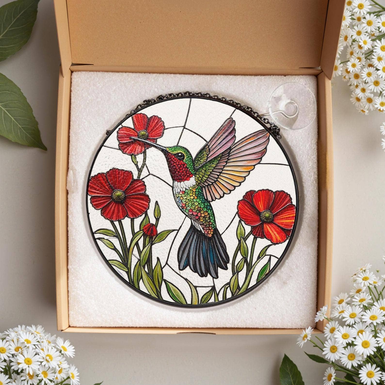 Vibrant Hummingbird and Poppy Stained Glass Suncatcher Window Hang - The Country Rabbit Gifts & Décor