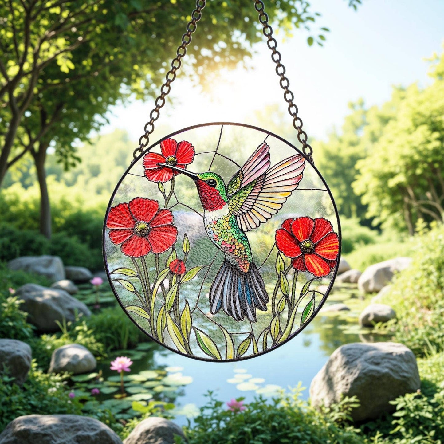 Vibrant Hummingbird and Poppy Stained Glass Suncatcher Window Hang - The Country Rabbit Gifts & Décor