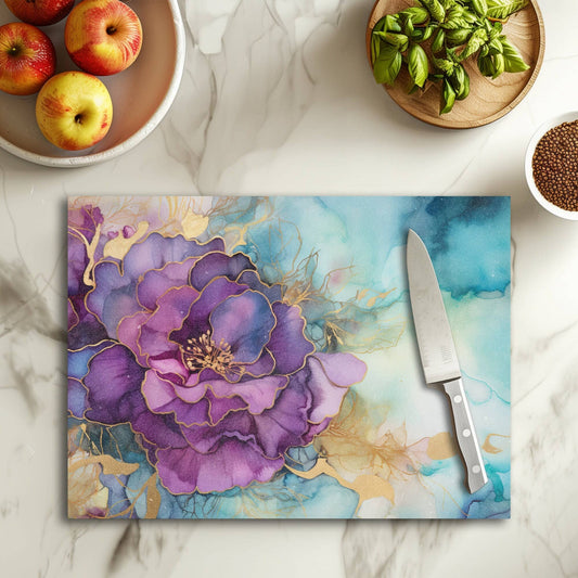 Watercolor Purple & Gold Floral Tempered Glass Cutting & Serving Board - The Country Rabbit Gifts & Décor