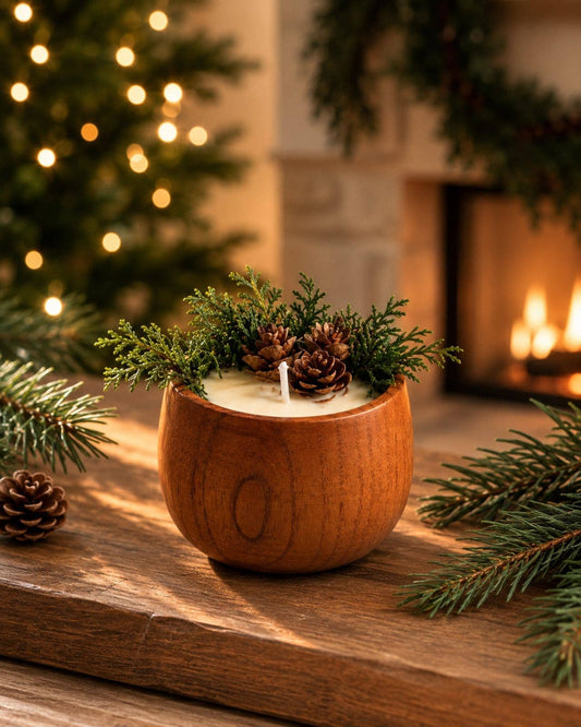 Winter Forest Soy Candle, Wooden Bowl Candle, Rustic Holiday - The Country Rabbit Gifts & Décor