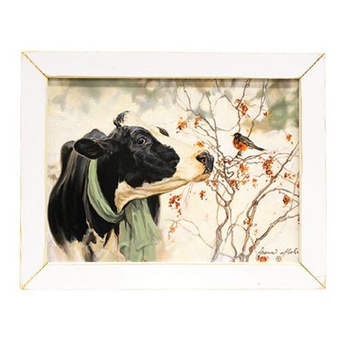 Winter Robin and Cow Framed Print 13.5x17.5 - The Country Rabbit Gifts & Décor