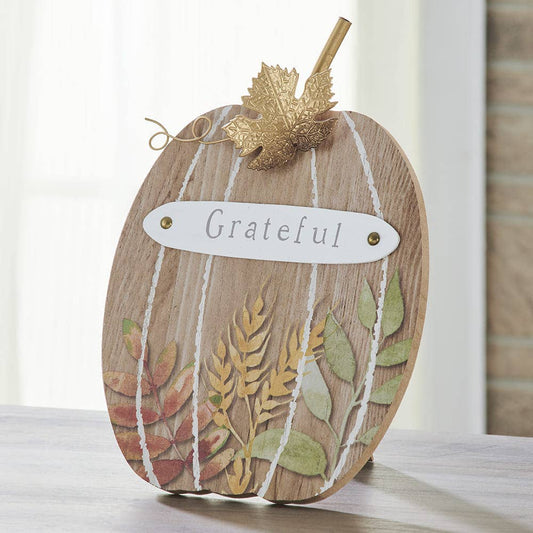 Wood Pumpkin Decor with Easel Back Fall Leaf Branches Design Metal Grateful Sign - The Country Rabbit Gifts & Décor