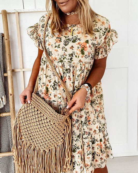 Dress - Apricot Floral - Tiered - Crew Neck - Short Sleeves - Summery